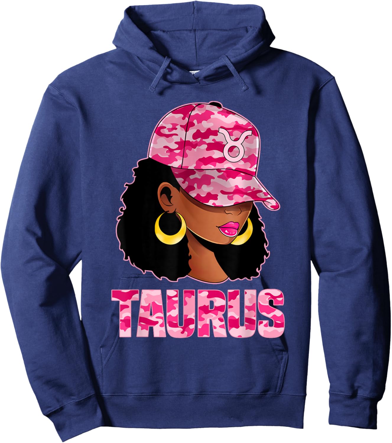 Taurus Queen Sassy Afro Black Woman Pink Camo Cap Zodiac Hoodie - Hoodie | Navy