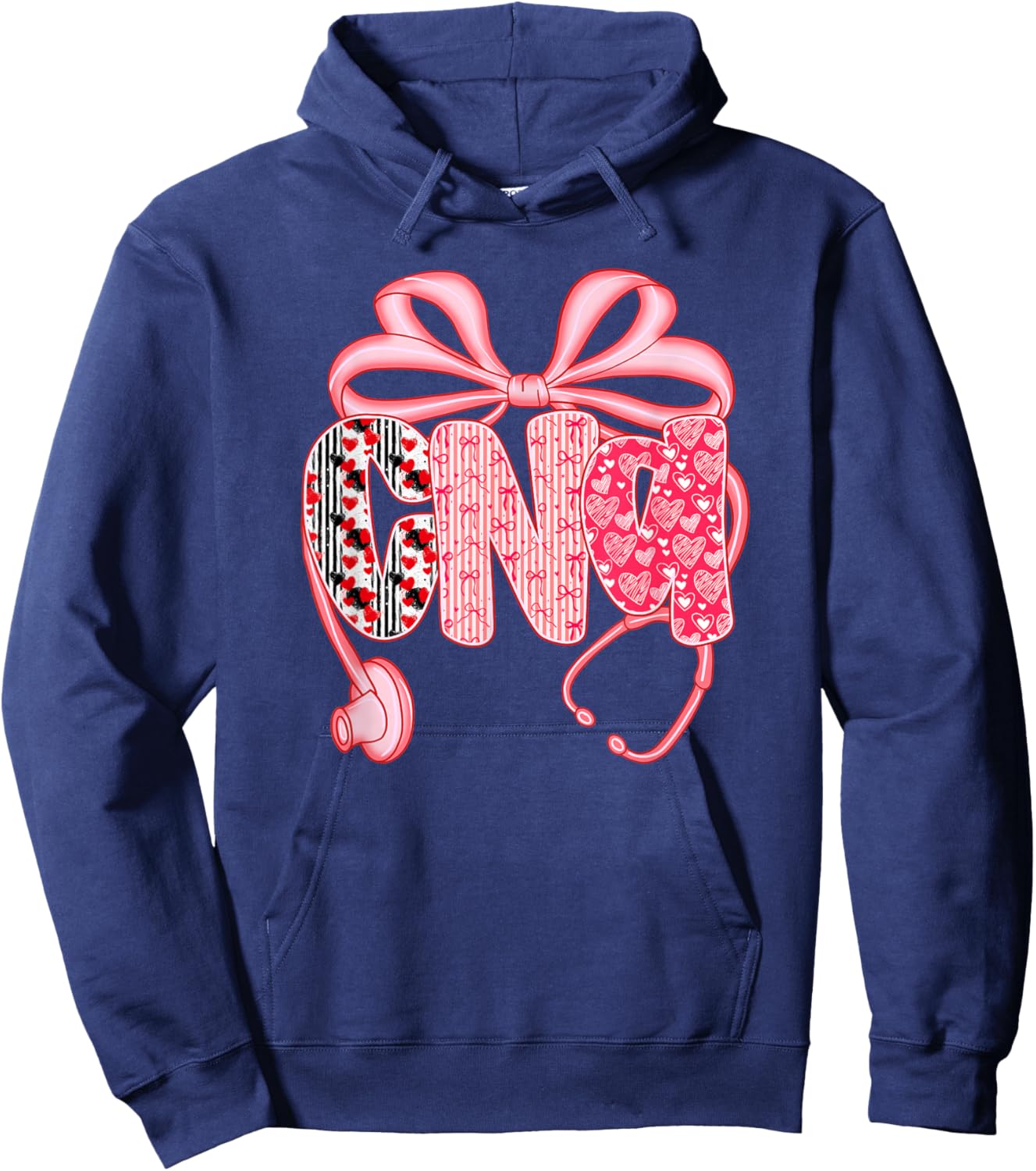 CNA Nurse Valentine's Day Heart Stethoscope Coquette Bow Hoodie - Hoodie | Navy