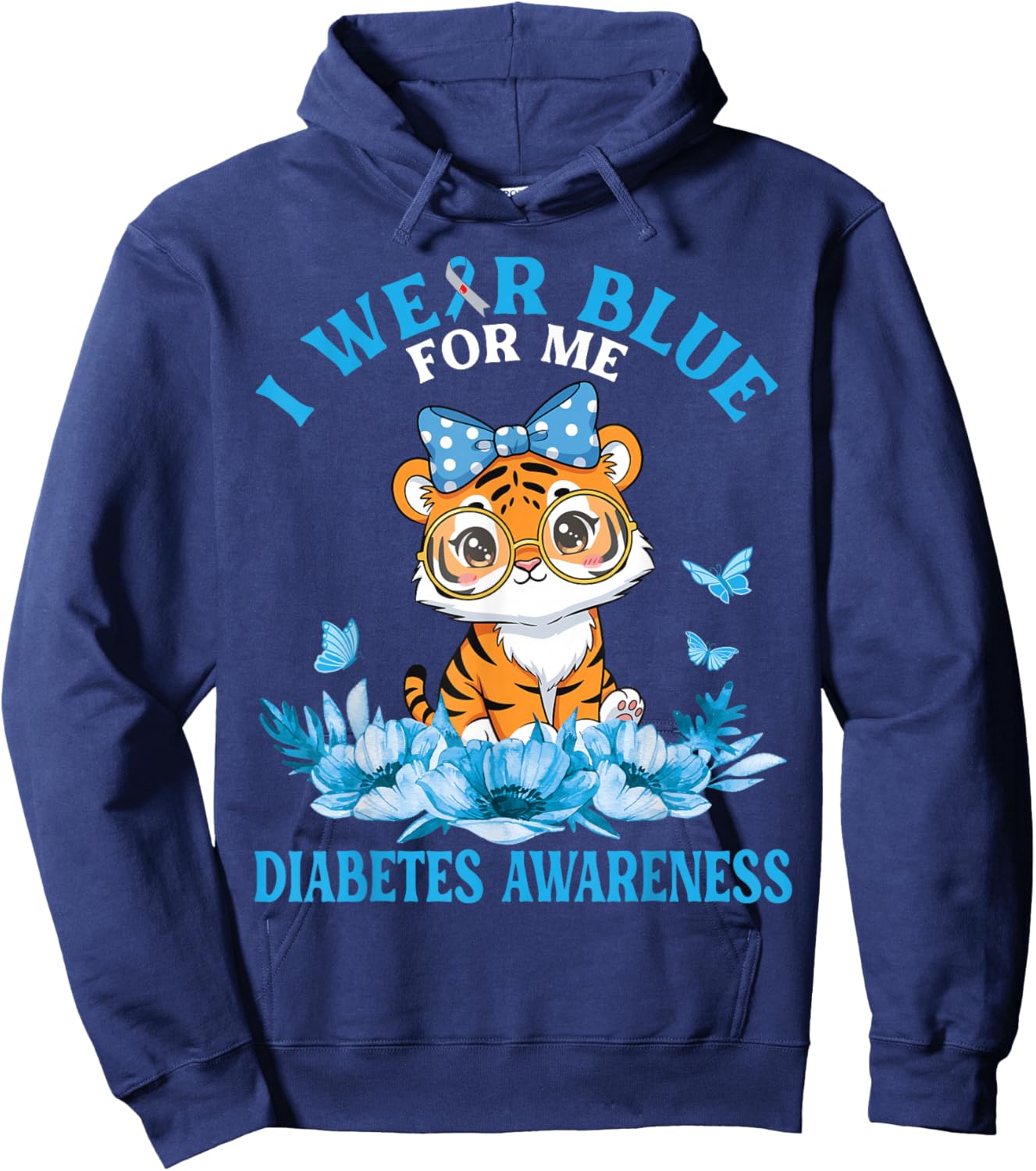 I Wear Blue for Me Cute Tiger Flowers Diabetes Awareness Hoodie - Hoodie | Navy