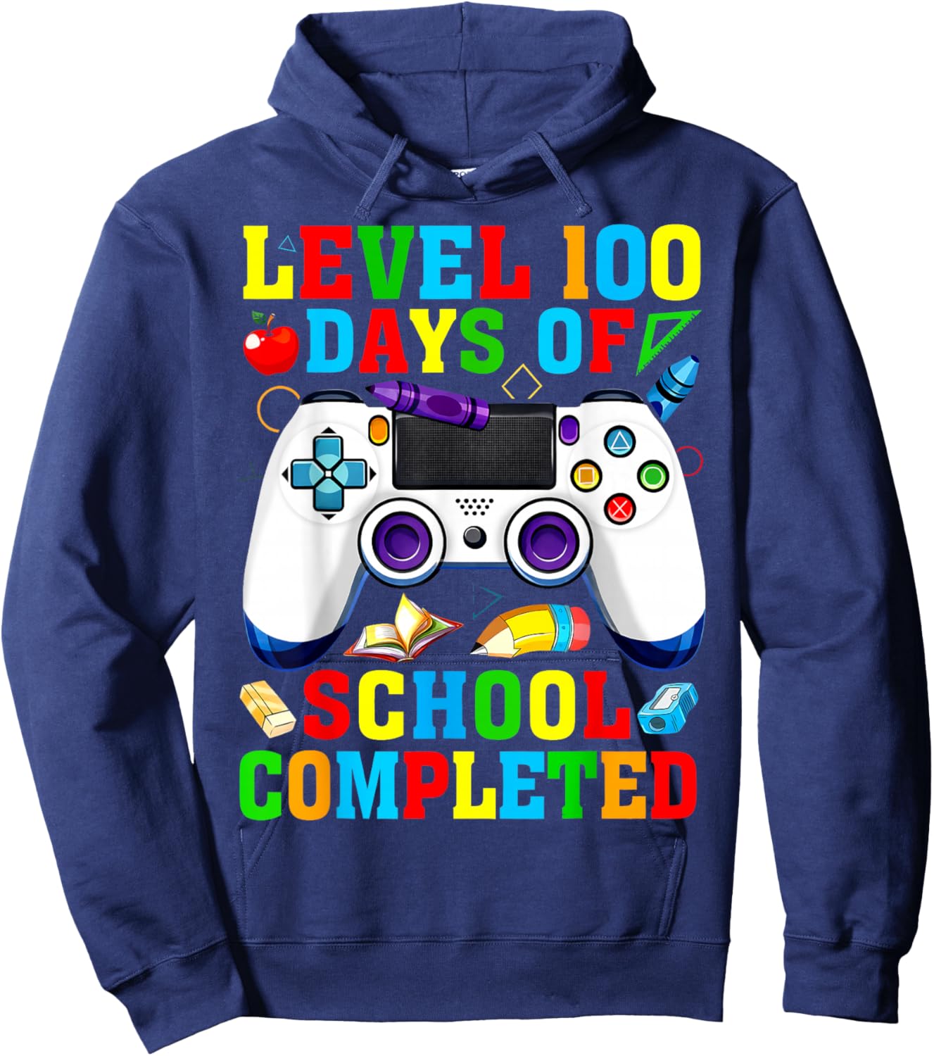 Level 100 Days of School Completed Video Game Controller Hoodie - Hoodie | Navy