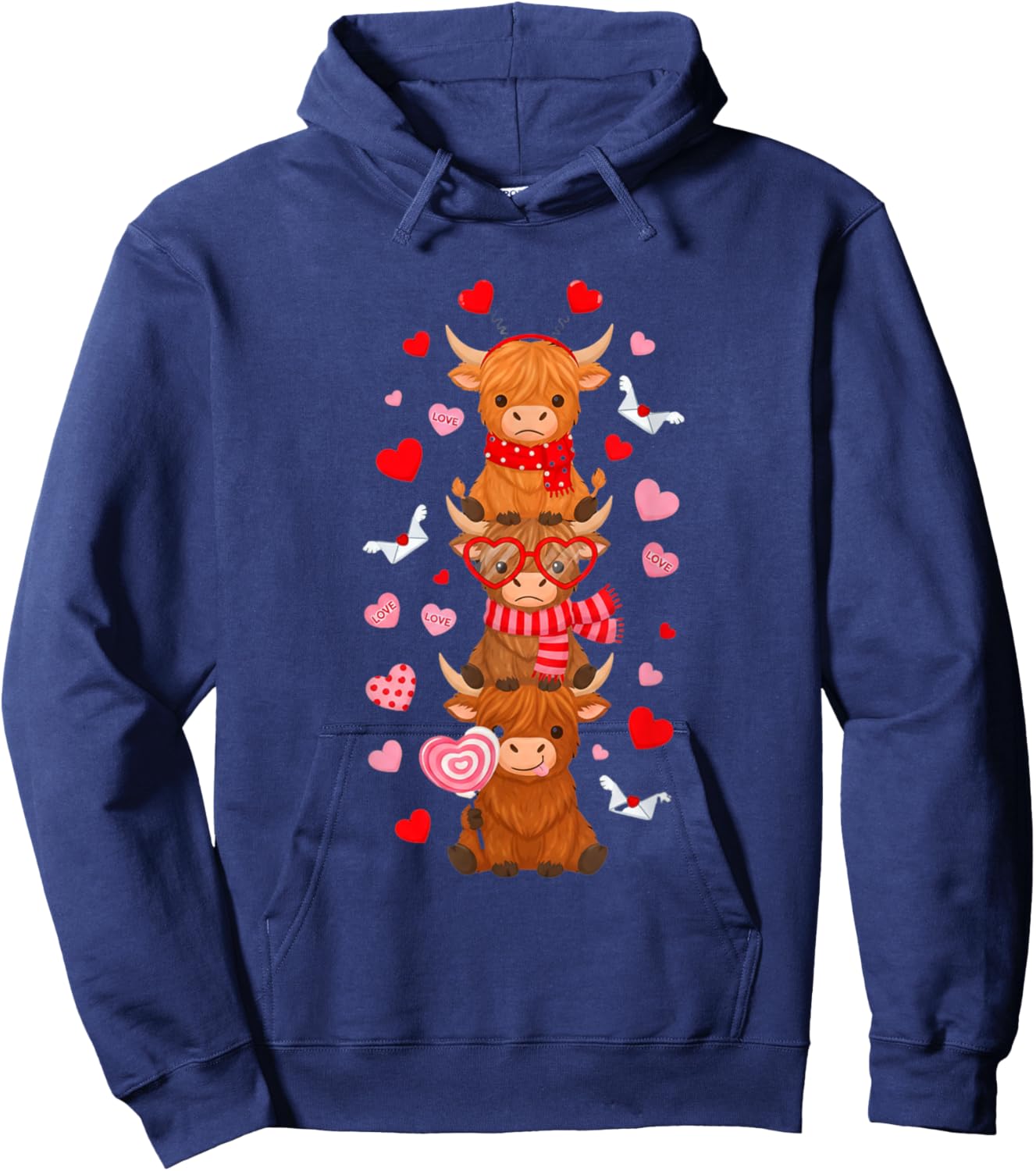 Cute Western Valentine Highland Cows with Heart Letter Women Hoodie - Hoodie | Navy
