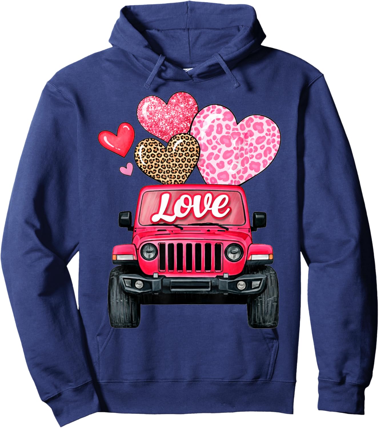 Valentine Love Truck Pink Off Road Leopard Print Hearts Hoodie - Hoodie | Navy