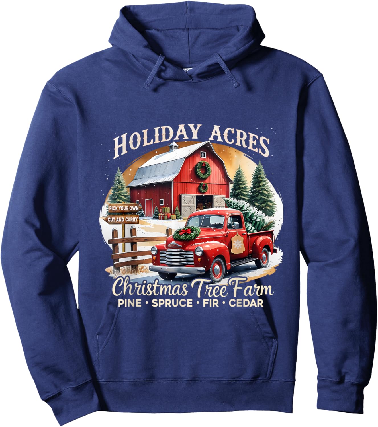 Vintage Red Truck Holiday Acres Christmas Tree Farm Hoodie - Hoodie | Navy