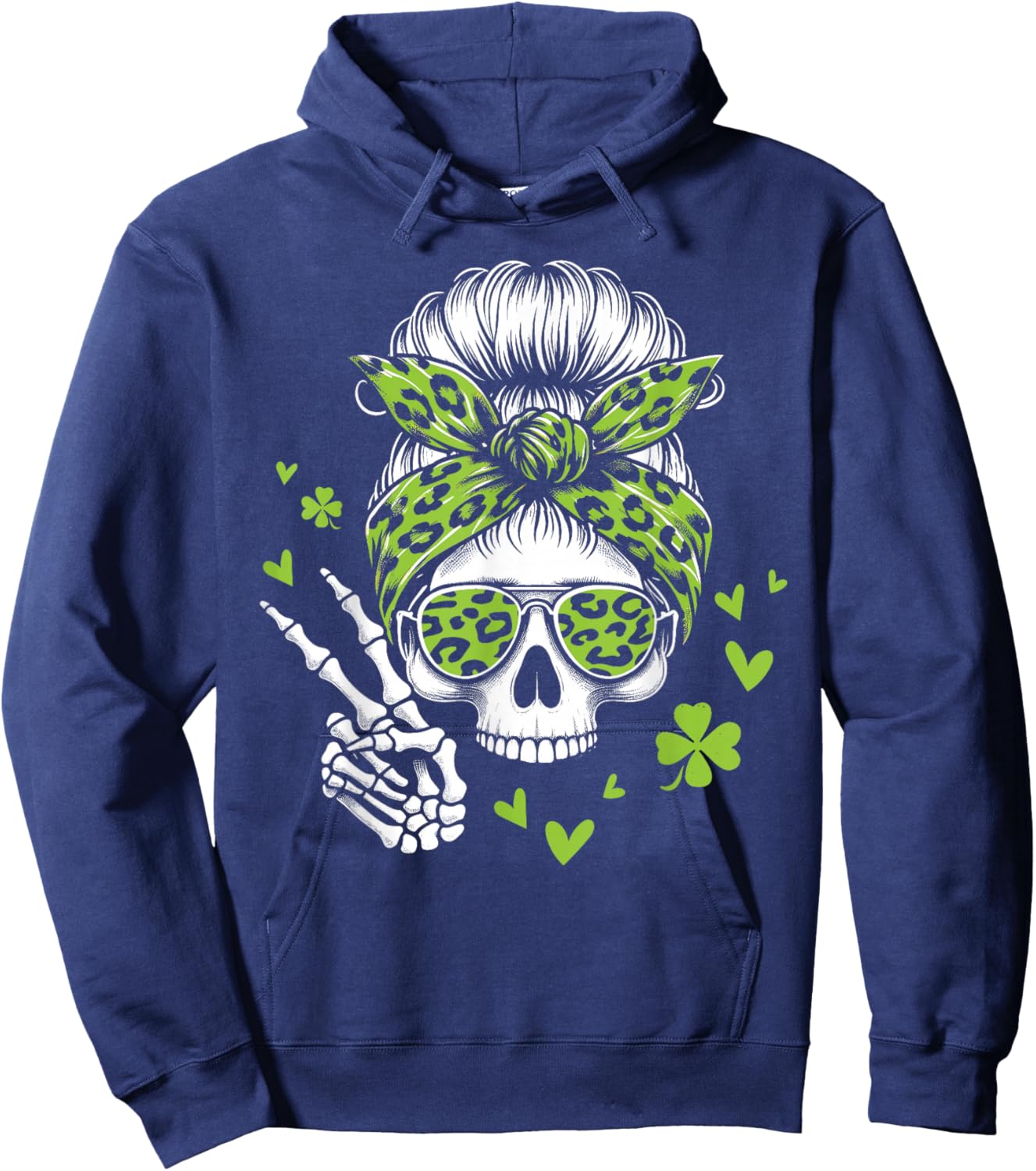 Skull St Patricks Day Shamrock Messy Hair Bun Irish Women Hoodie - Hoodie | Navy