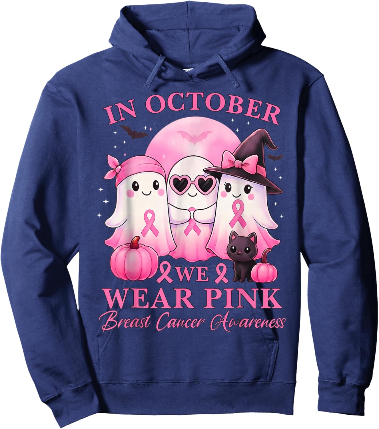 in October We Wear Pink Ghost Squad Breast Cancer Awareness Hoodie - Hoodie | Navy