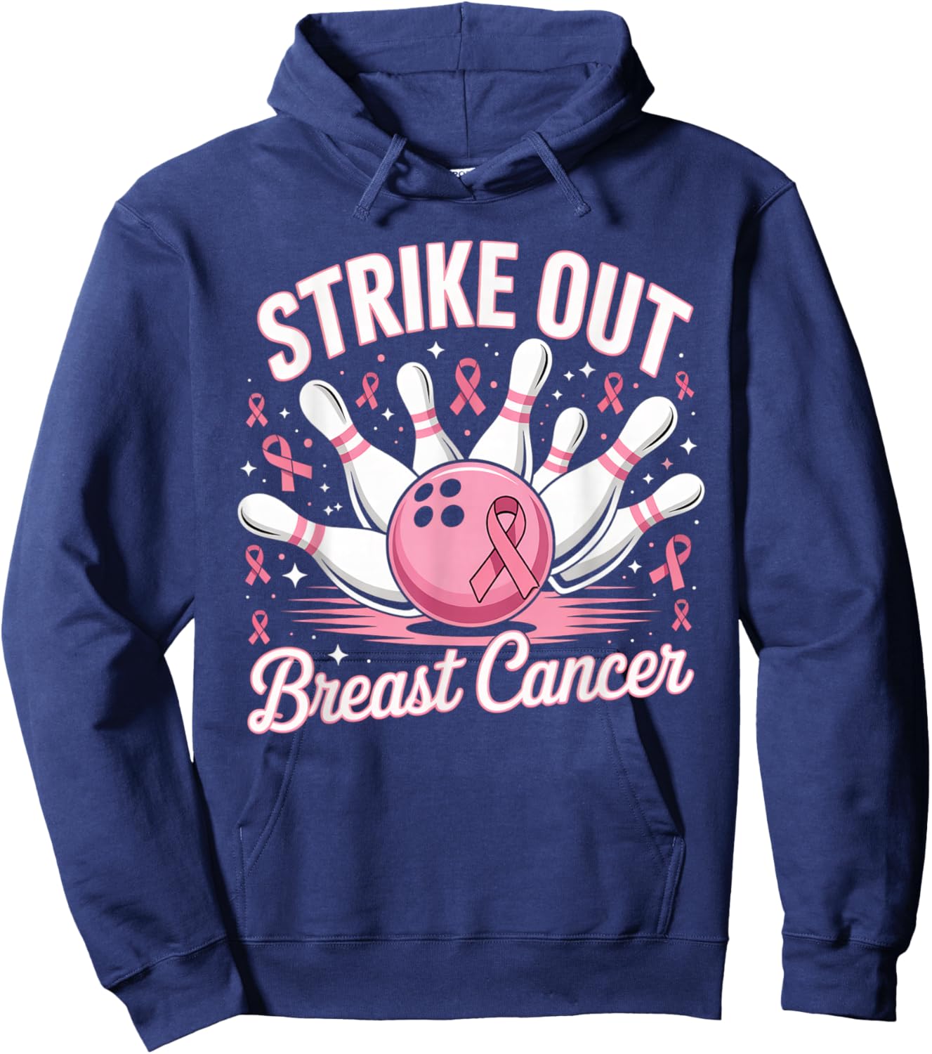 Breast Cancer Awareness - Bowling Strike Out Pink Ribbon Hoodie - Hoodie | Navy
