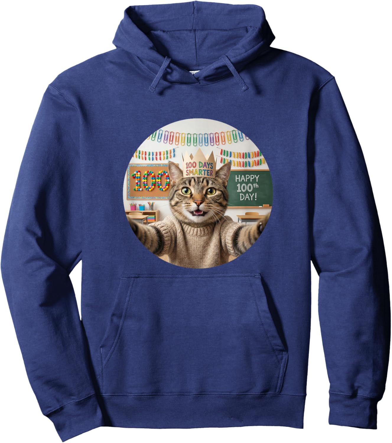 Happy 100th Day of School Cat Selfie 100 Days Smarter Hoodie - Hoodie | Navy