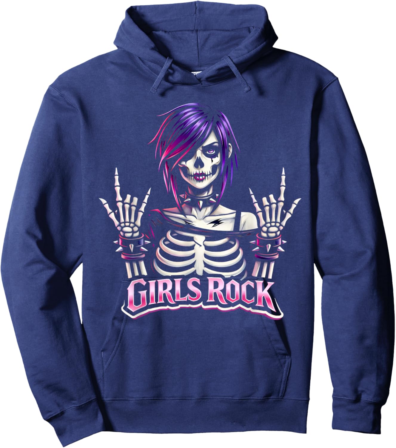 Girls Rock, Rock'n Roll Girl, Skeleton Rocker Gothic Goth Hoodie - Hoodie | Navy
