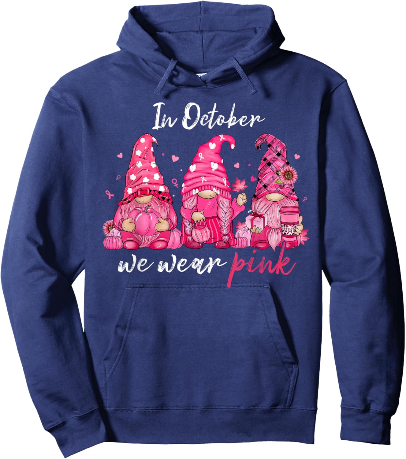 in October We Wear Pink Breast Cancer Gnomes Women Men Kids Hoodie - Hoodie | Navy