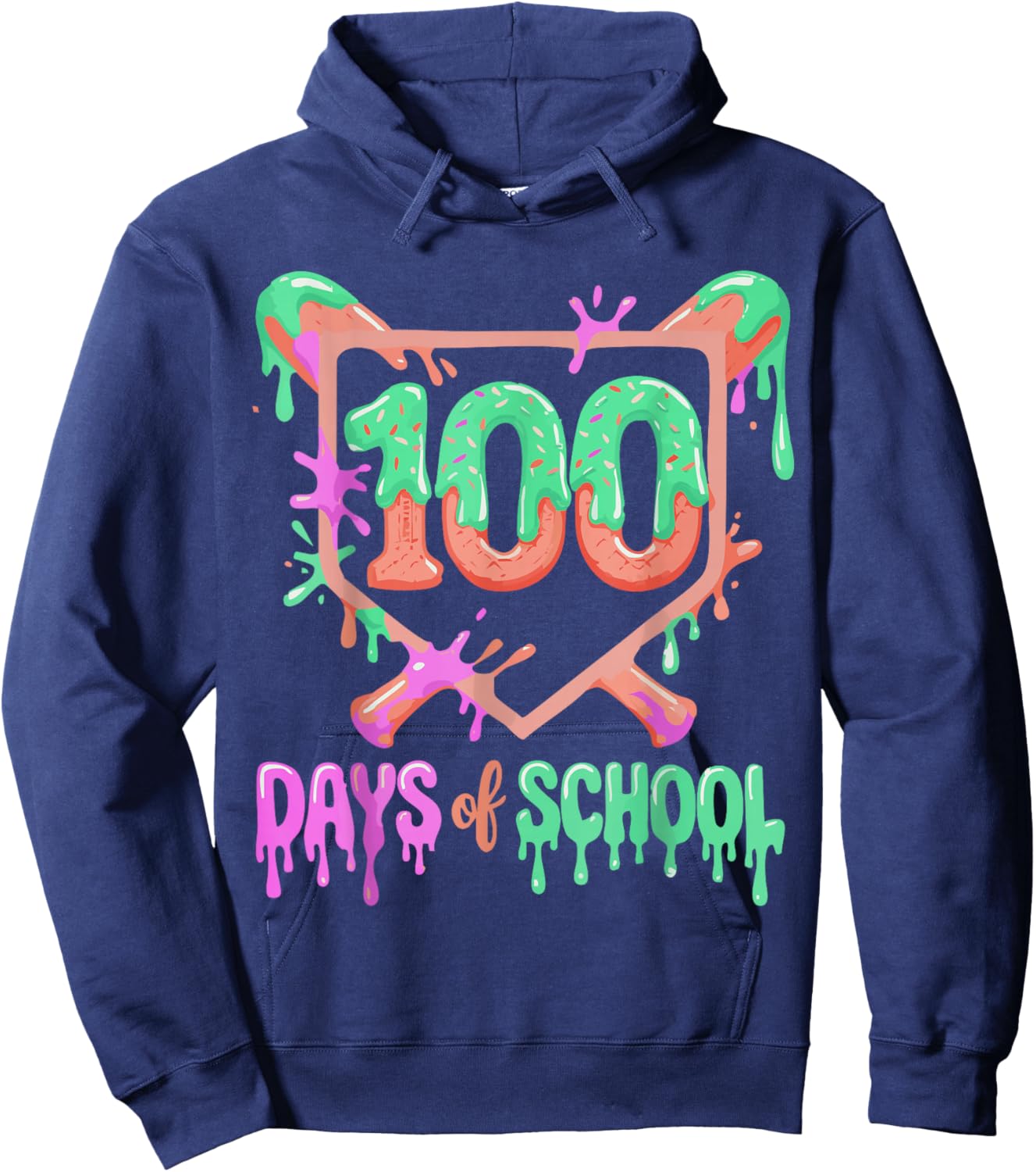 100 Days of School Baseball Ice Cream Drip 100th Day Player Hoodie - Hoodie | Navy