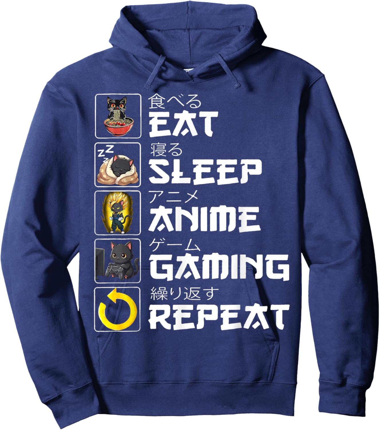 Funny Kawaii Anime Manga Eat Sleep Anime Gaming Repeat Hoodie - Hoodie | Navy