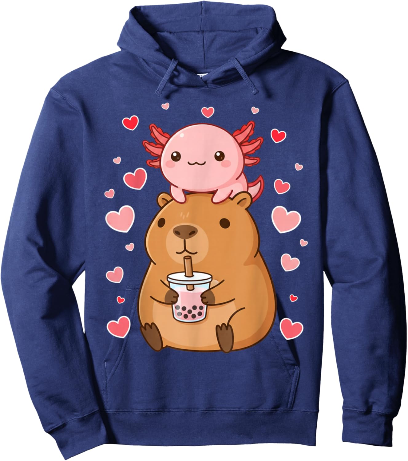 Cute Kawaii Axolotl Capybara Bubble Tea Boys Girls Valentine Hoodie - Hoodie | Navy