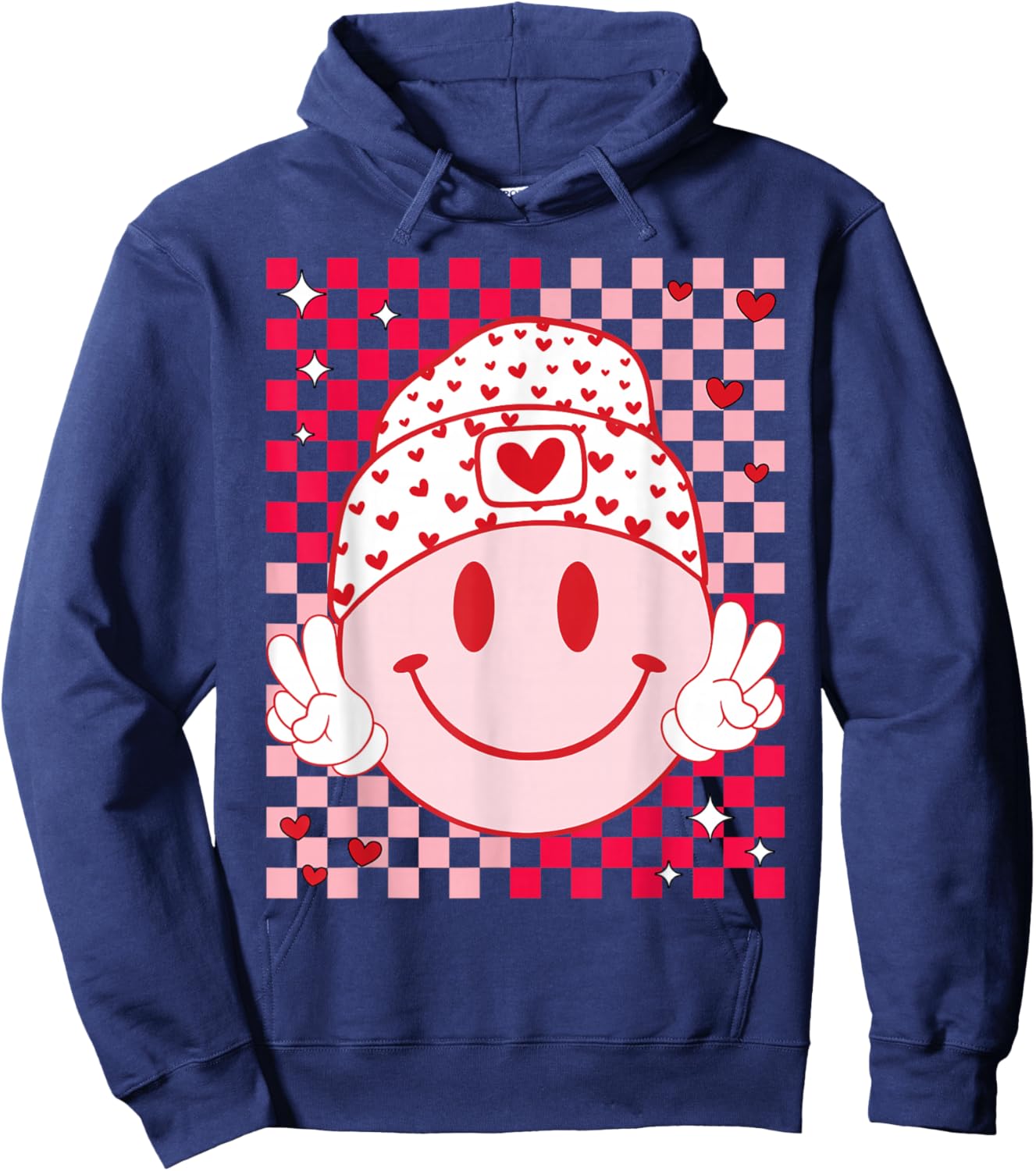 Groovy Valentine Vibes Cute Heart Happy Valentines Men Women Hoodie - Hoodie | Navy