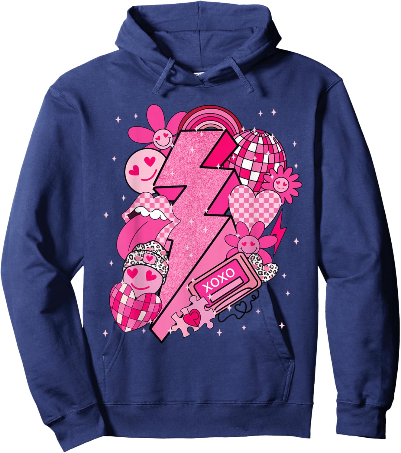 Valentine Love Lightning Bolt Disco Hearts Y2K Retro Graphic Hoodie - Hoodie | Navy