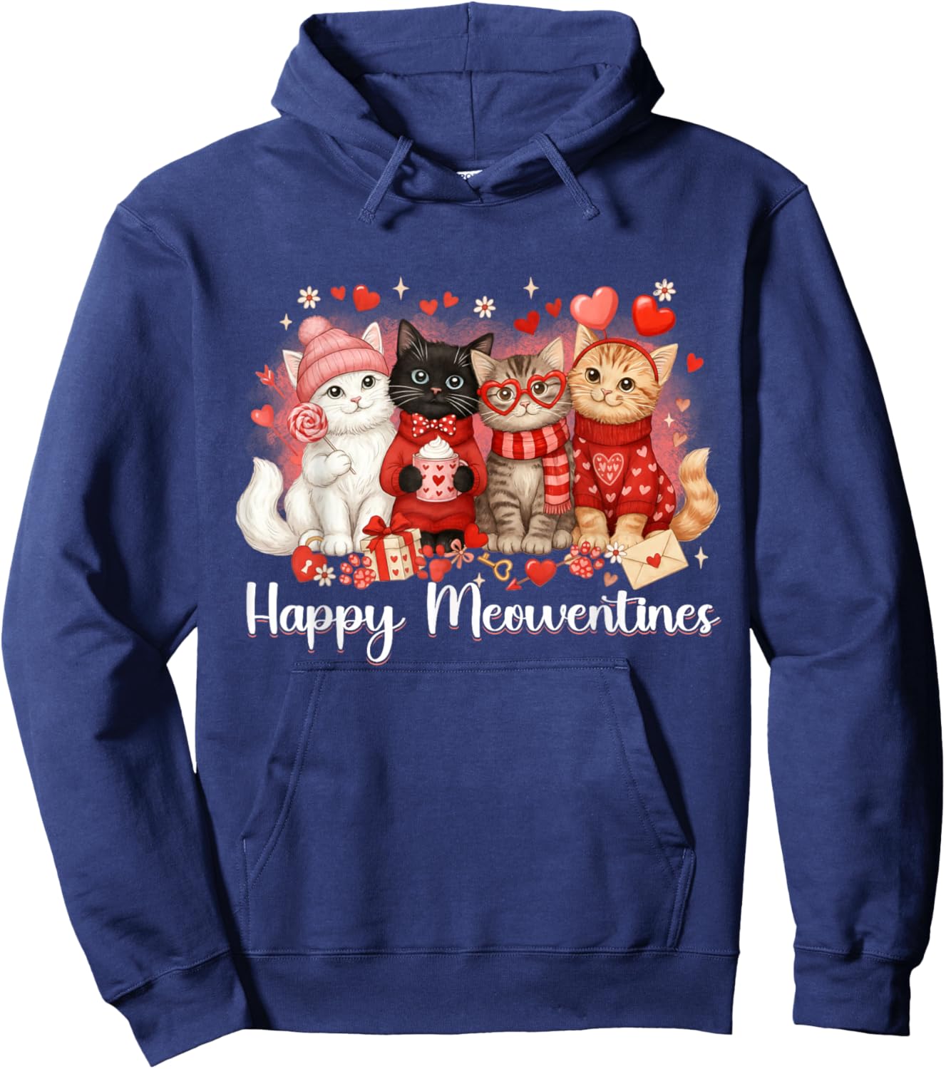 Cute Valentine Cat Lovers Happy Meowentines Girls Women Kid Hoodie - Hoodie | Navy