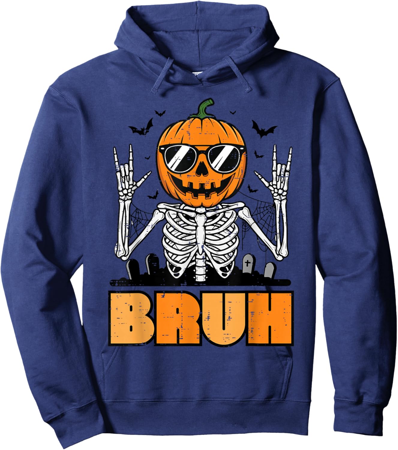 Halloween Skeleton Pumpkin Rock Bruh Costume Men Boys Kids Hoodie - Hoodie | Navy