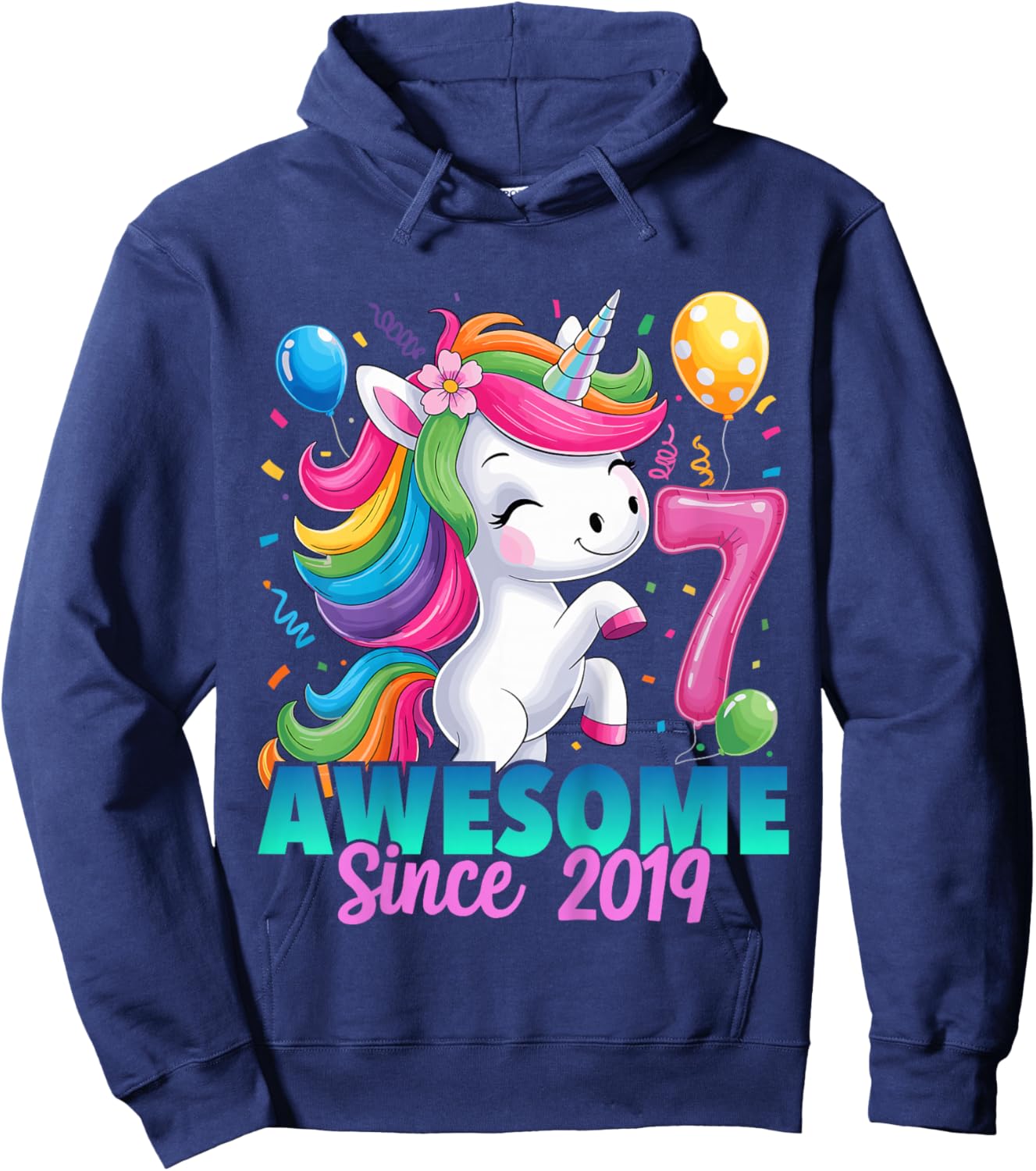 7th Birthday Unicorn 7 Year Old Girls Born 2019 Hoodie - Hoodie | Navy