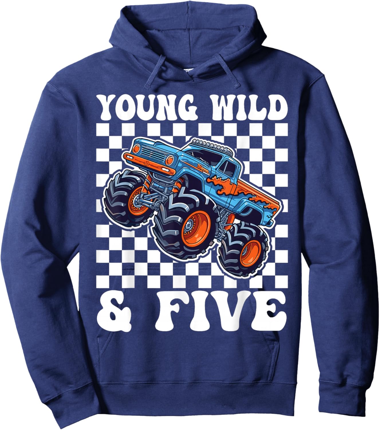 5th Birthday Monster Truck Young Wild and Five 5 Year Old Hoodie - Hoodie | Navy
