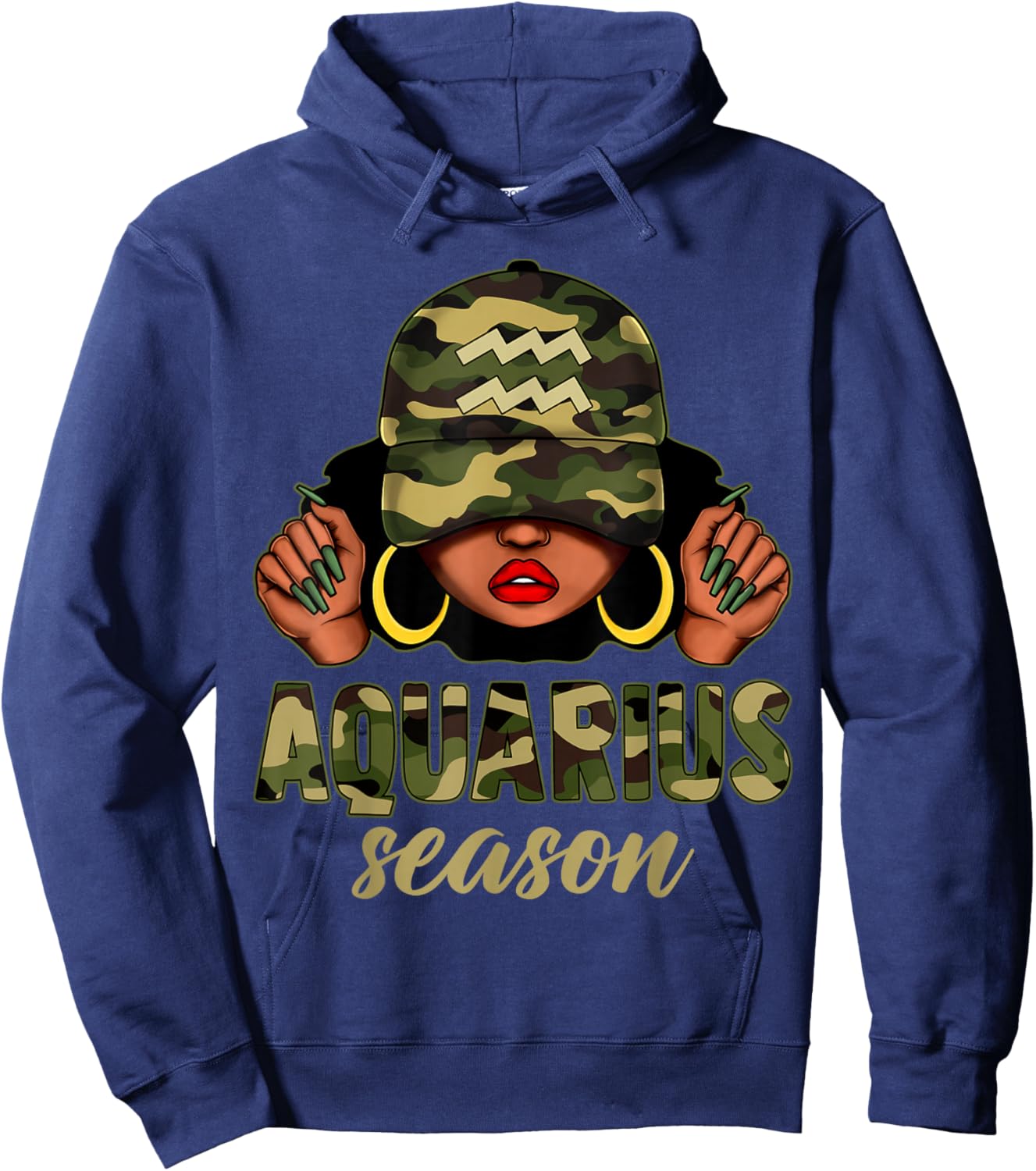 Aquarius Season Black Woman Camo Hat Afro Girl Zodiac Hoodie - Hoodie | Navy
