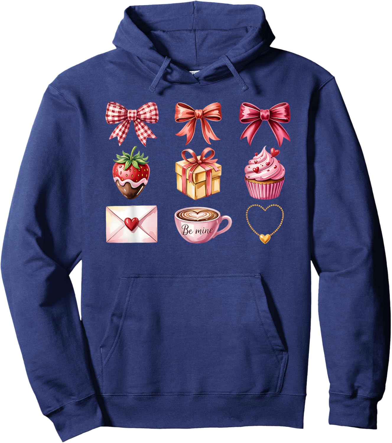 Valentine Croquette Aesthetic Bow Ribbon Strawberry Cupcake Hoodie - Hoodie | Navy
