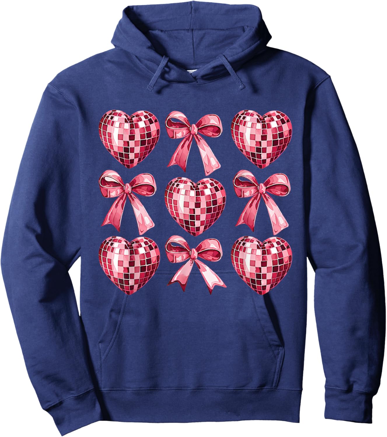 Pink Disco Heart & Bow Retro Valentine Aesthetic Women Teens Hoodie - Hoodie | Navy