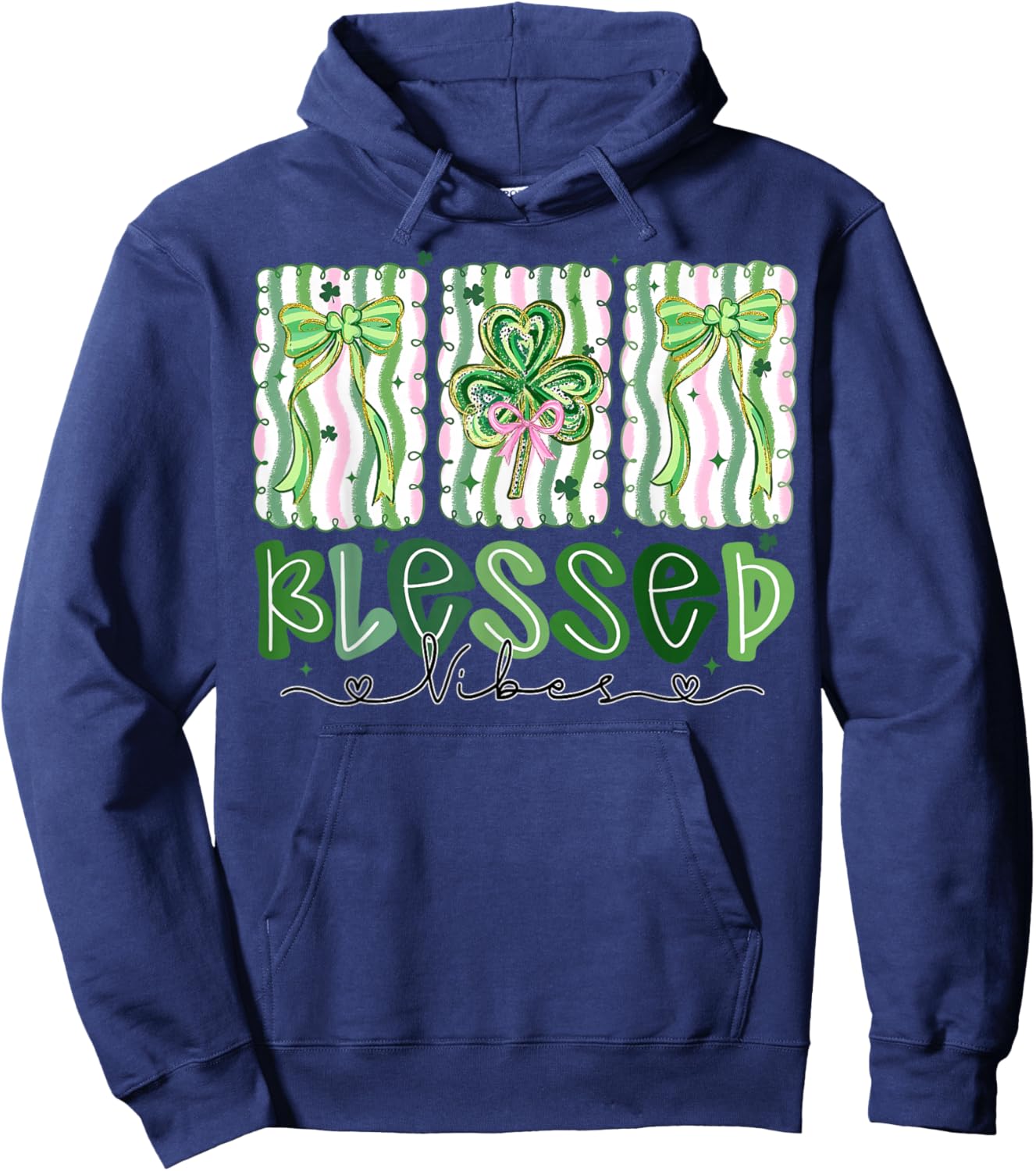 Preppy St Patrick's Day Shamrocks Coquette Bow Blessed Vibes Hoodie - Hoodie | Navy