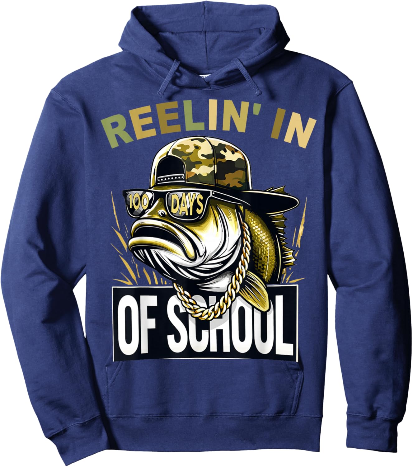 Retro Reelin’ in 100 Days of School Camo Bass Fishing Boys Hoodie - Hoodie | Navy