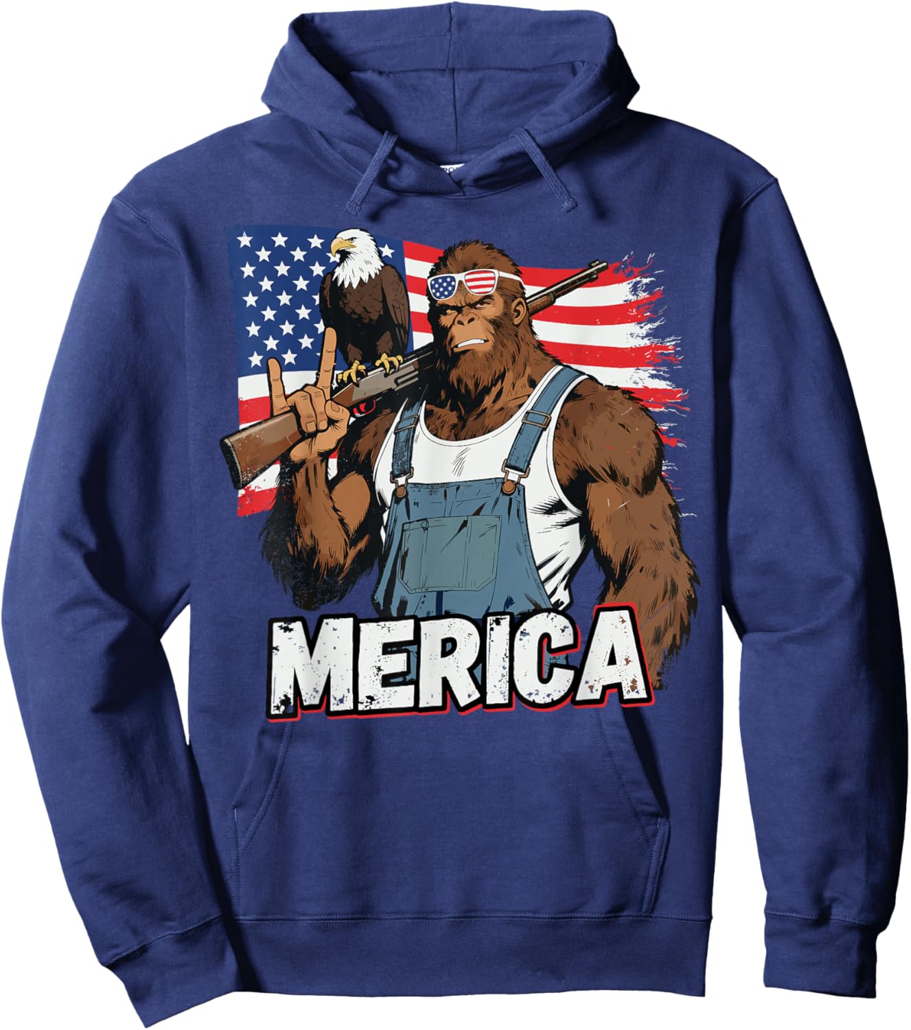 Bigfoot Merica Rock American Flag Patriotic 4th of July Hoodie - Hoodie | Navy