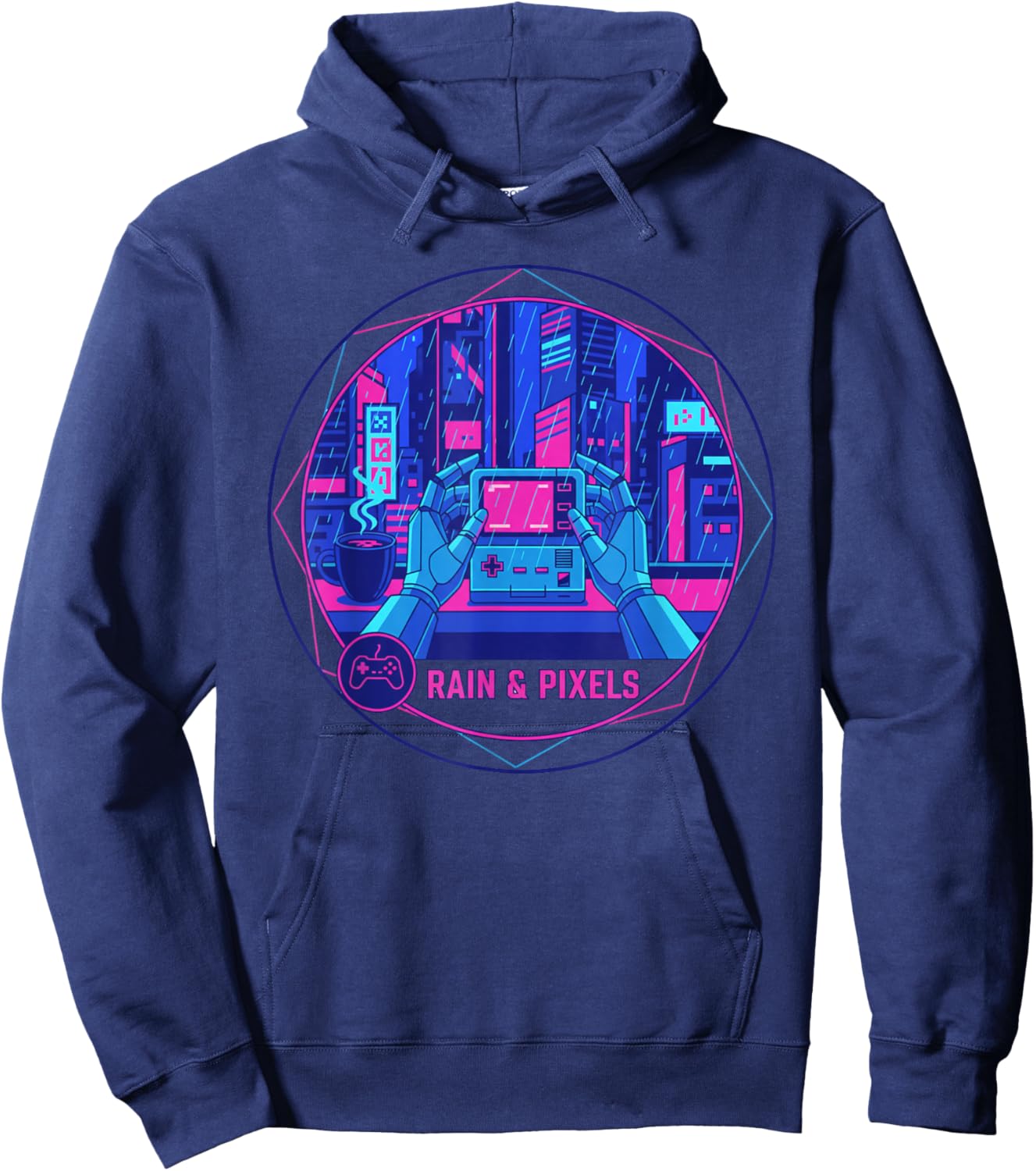 Cyberpunk Lo-fi Rainy Night Aesthetic Urban Pixel Art Hoodie - Hoodie | Navy