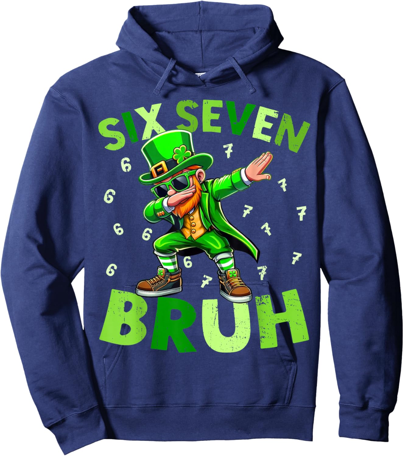 Six Seven Bruh St Patricks Day Shirt Dabbing Leprechaun Kids Hoodie - Hoodie | Navy