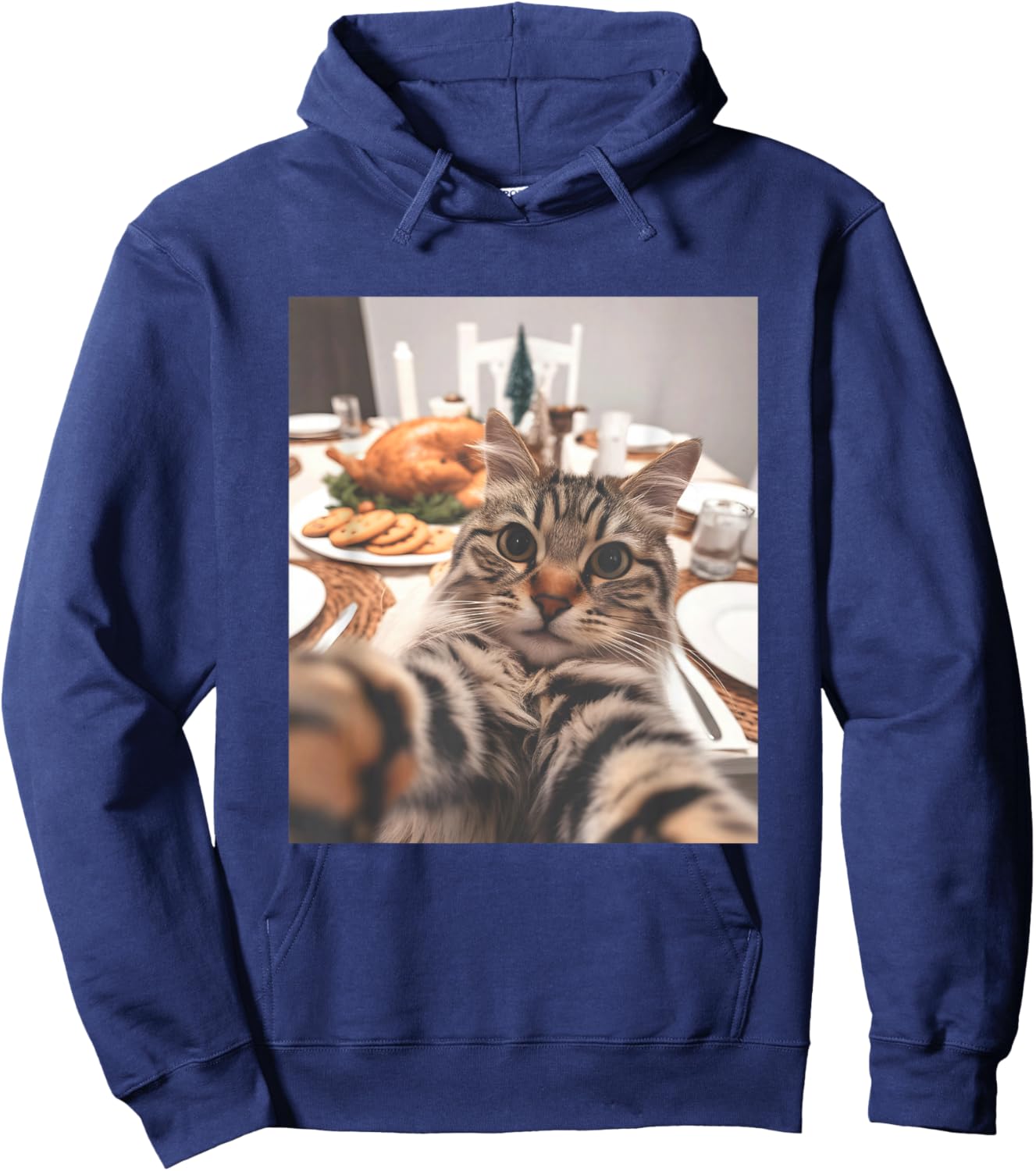 Cat Selfie Thanksgiving Funny Turkey Dinner Hoodie - Hoodie | Navy
