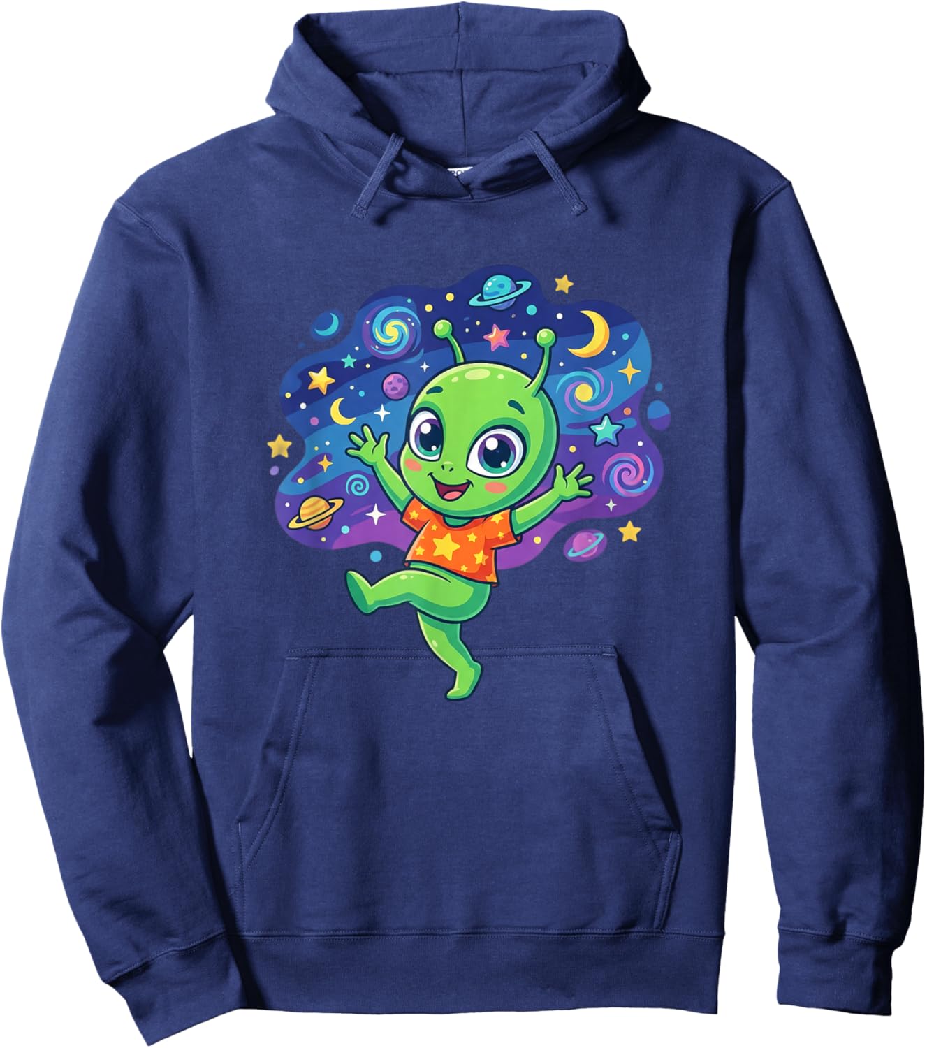 Kawaii Green Alien in Colorful Space Galaxy Hoodie - Hoodie | Navy