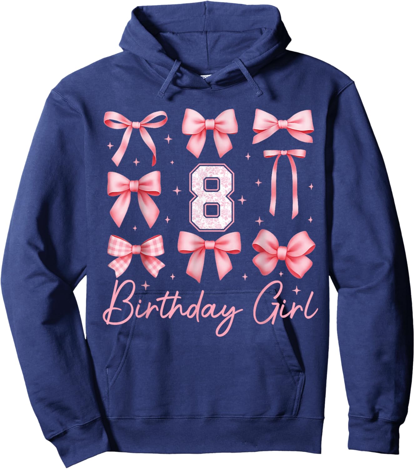 8th Birthday Girl Coquette Bow Pink Floral Toile 8 Year Old Hoodie - Hoodie | Navy