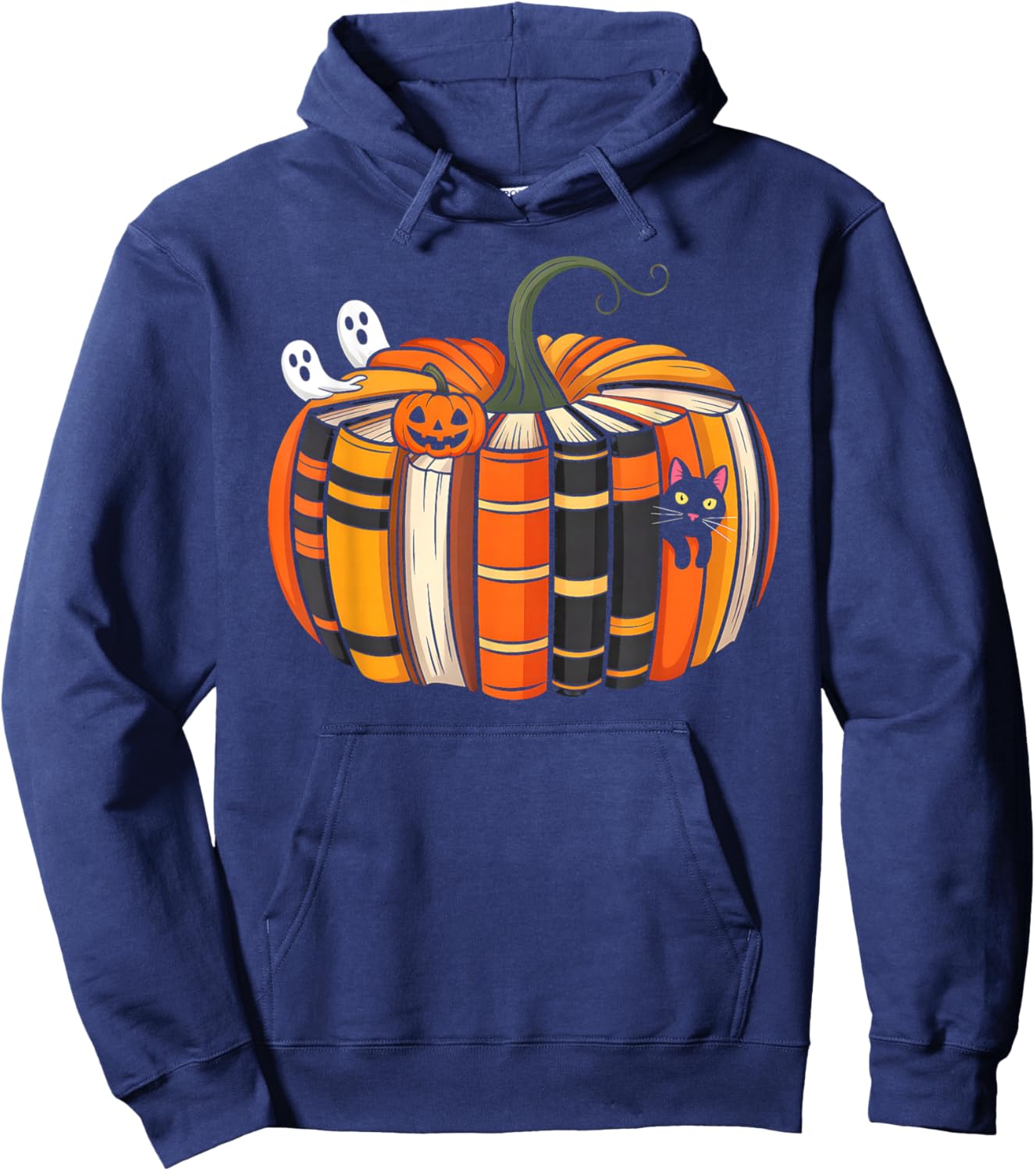 Fall Book Pumpkin Autumn Ghost Black Cat Halloween Teacher Hoodie - Hoodie | Navy