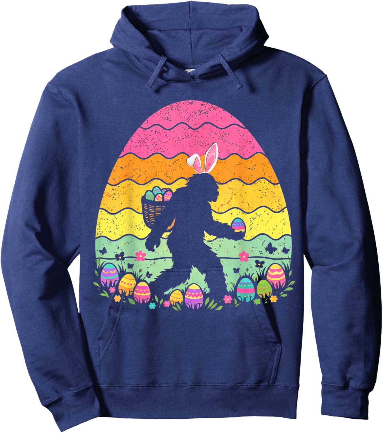 Retro Easter Bigfoot Sasquatch Bunny Egg Hunt Boys Kids Hoodie - Hoodie | Navy