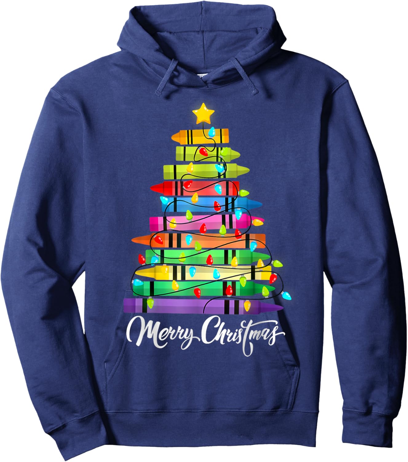 Teacher Crayon Merry Christmas Tree Lights School Xmas Hoodie - Hoodie | Navy