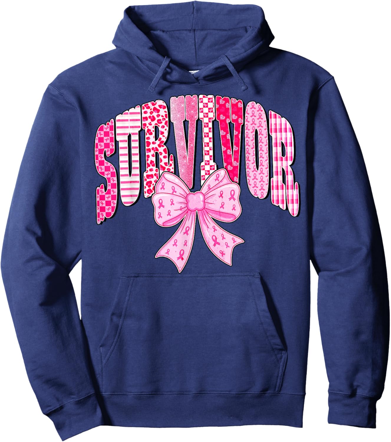 Survivor Pink Ribbon Coquette Bow Breast Cancer Awareness Hoodie - Hoodie | Navy
