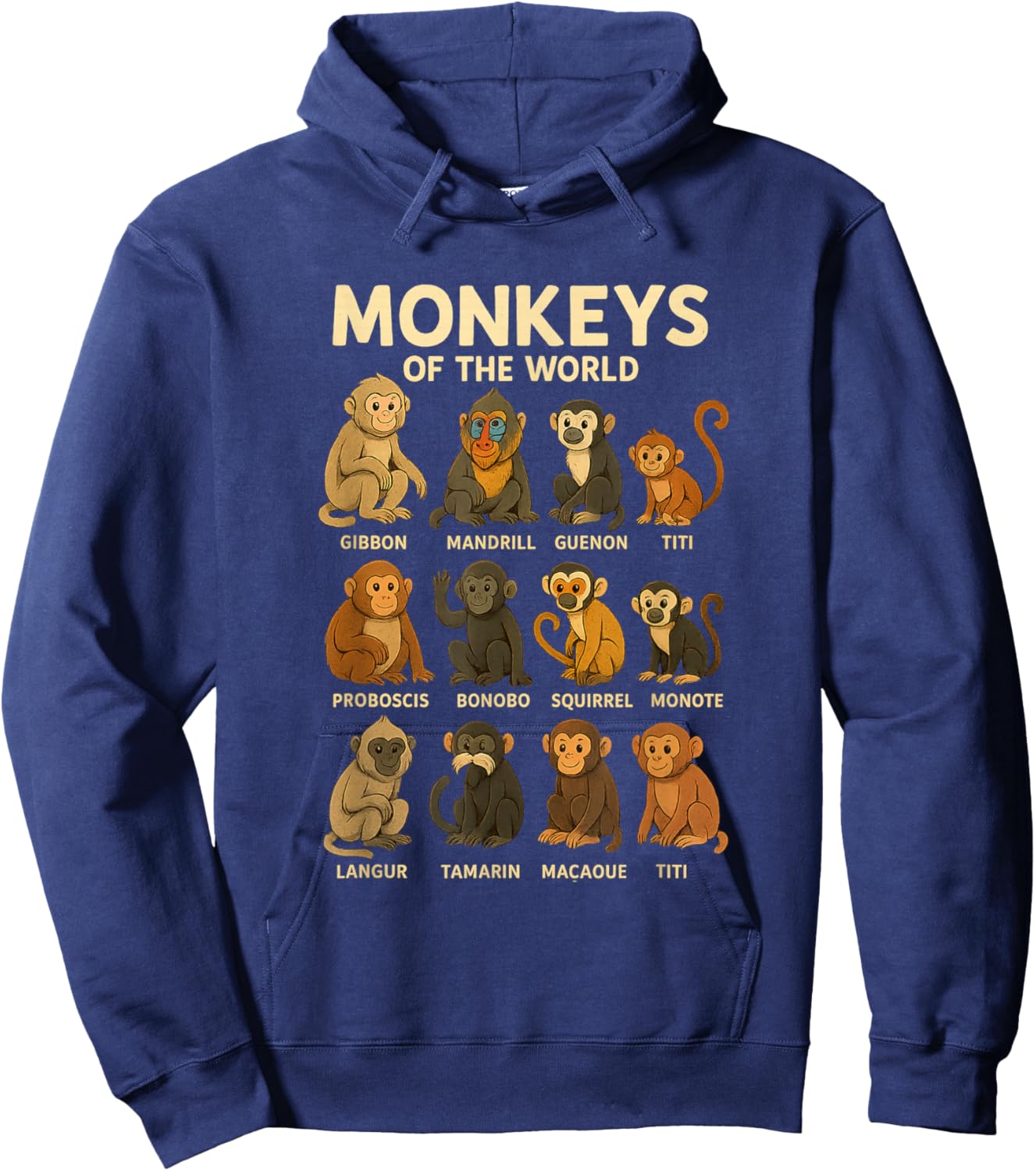 Monkeys of The World Cute Primate Species Cartoon Shirt Hoodie - Hoodie | Navy