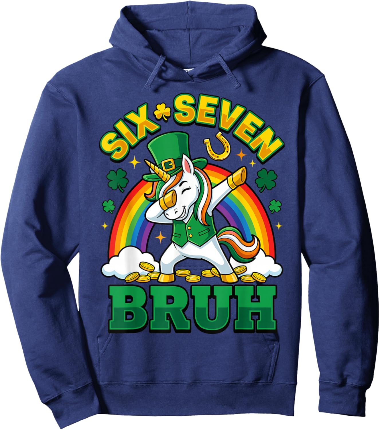 Bruh Six Seven Dabbing Unicorn St Patricks Day Kids Girls Hoodie - Hoodie | Navy