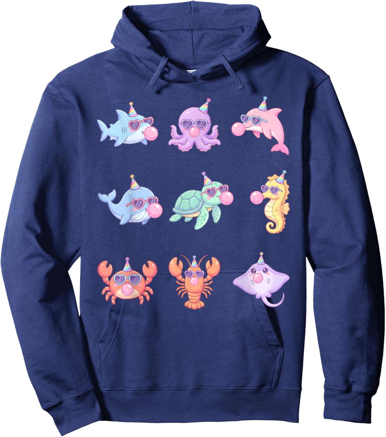 Cute Kawaii Sea Animals Birthday Ocean Sunglasses Bubblegum Hoodie - Hoodie | Navy