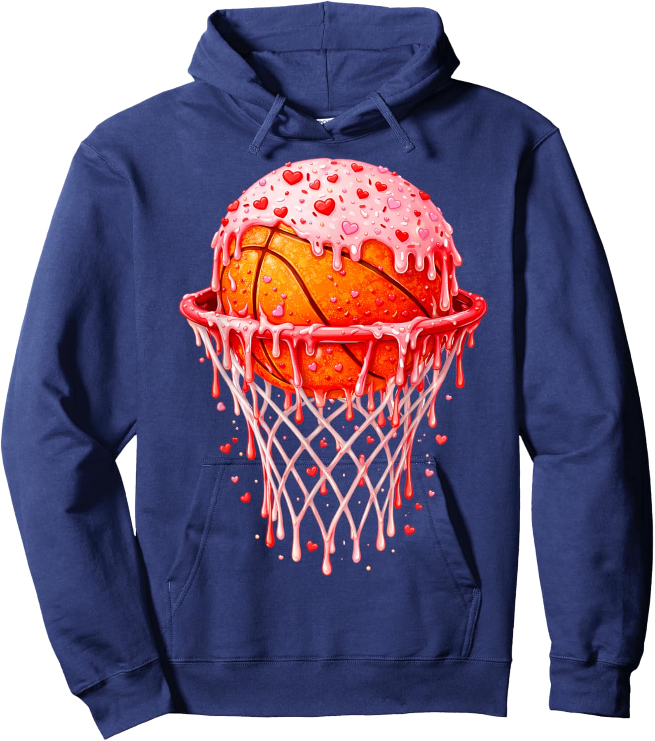 Valentines Day Heart Basketball Hoop Ice Cream Drip Men Kids Hoodie - Hoodie | Navy