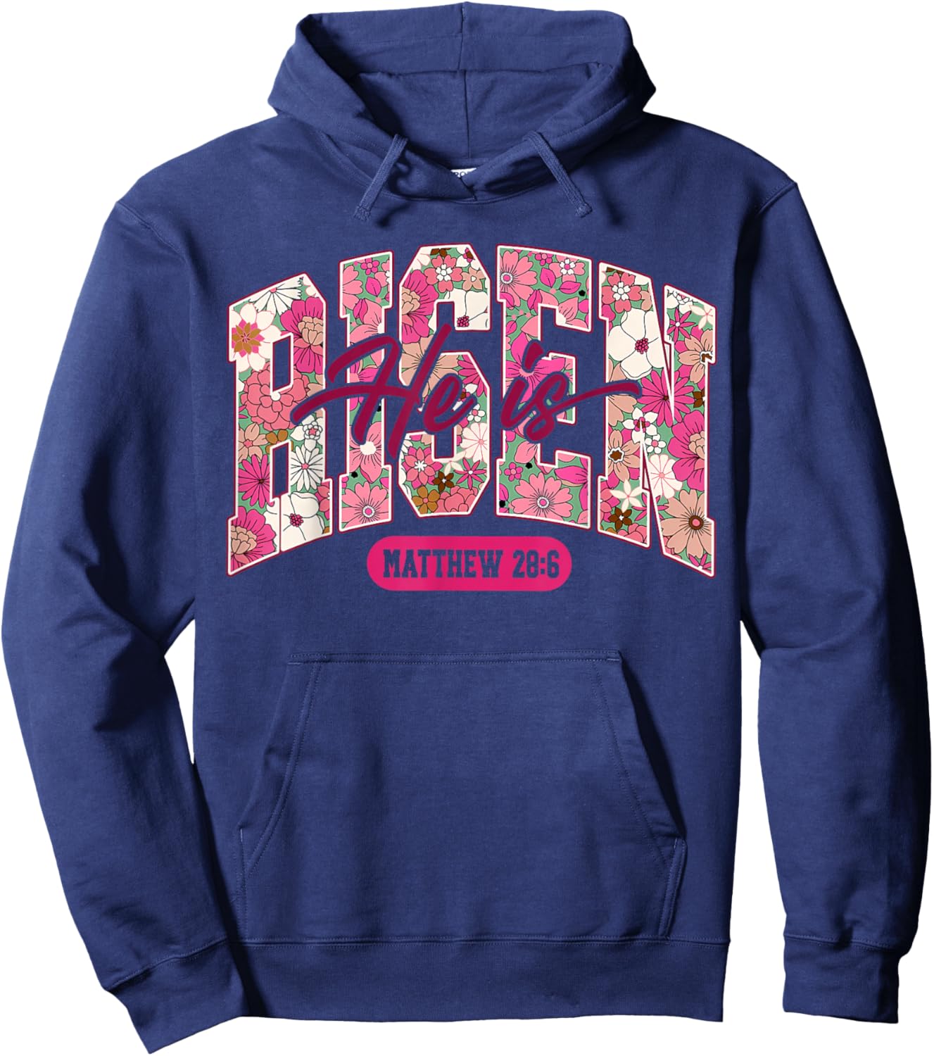Floral He is Risen Matthew 28:6 Vintage Easter Christian Hoodie - Hoodie | Navy