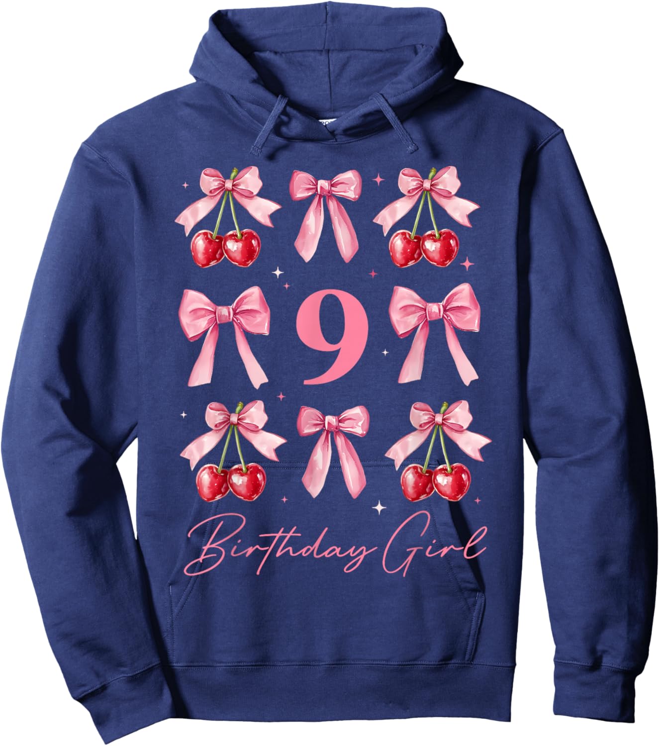 Birthday Girl 9th Birthday Cherry Coquette Bow 9 Year Old Hoodie - Hoodie | Navy