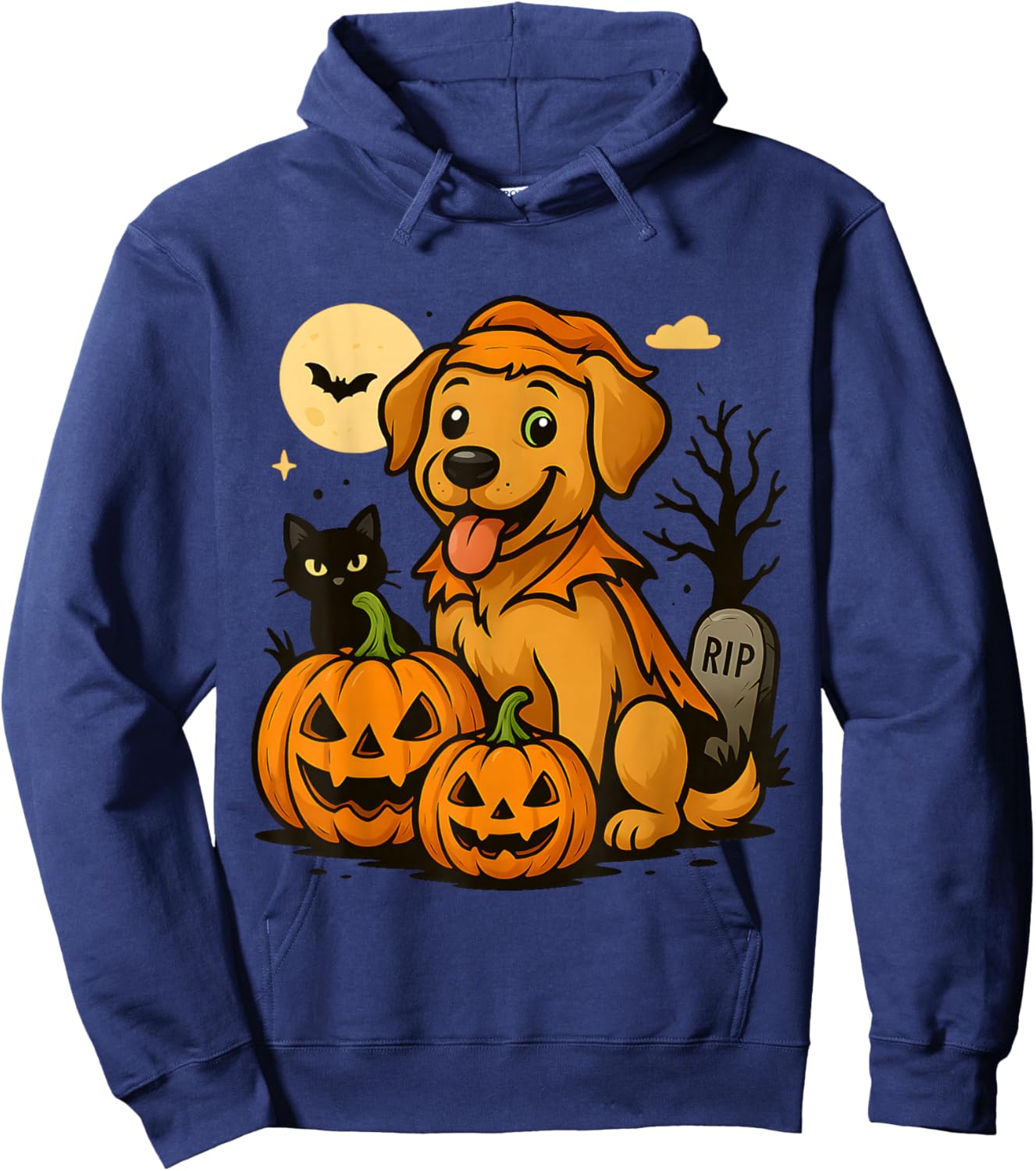 Cute Halloween Dog with Pumpkins and Black Cat Graveyard Hoodie - Hoodie | Navy