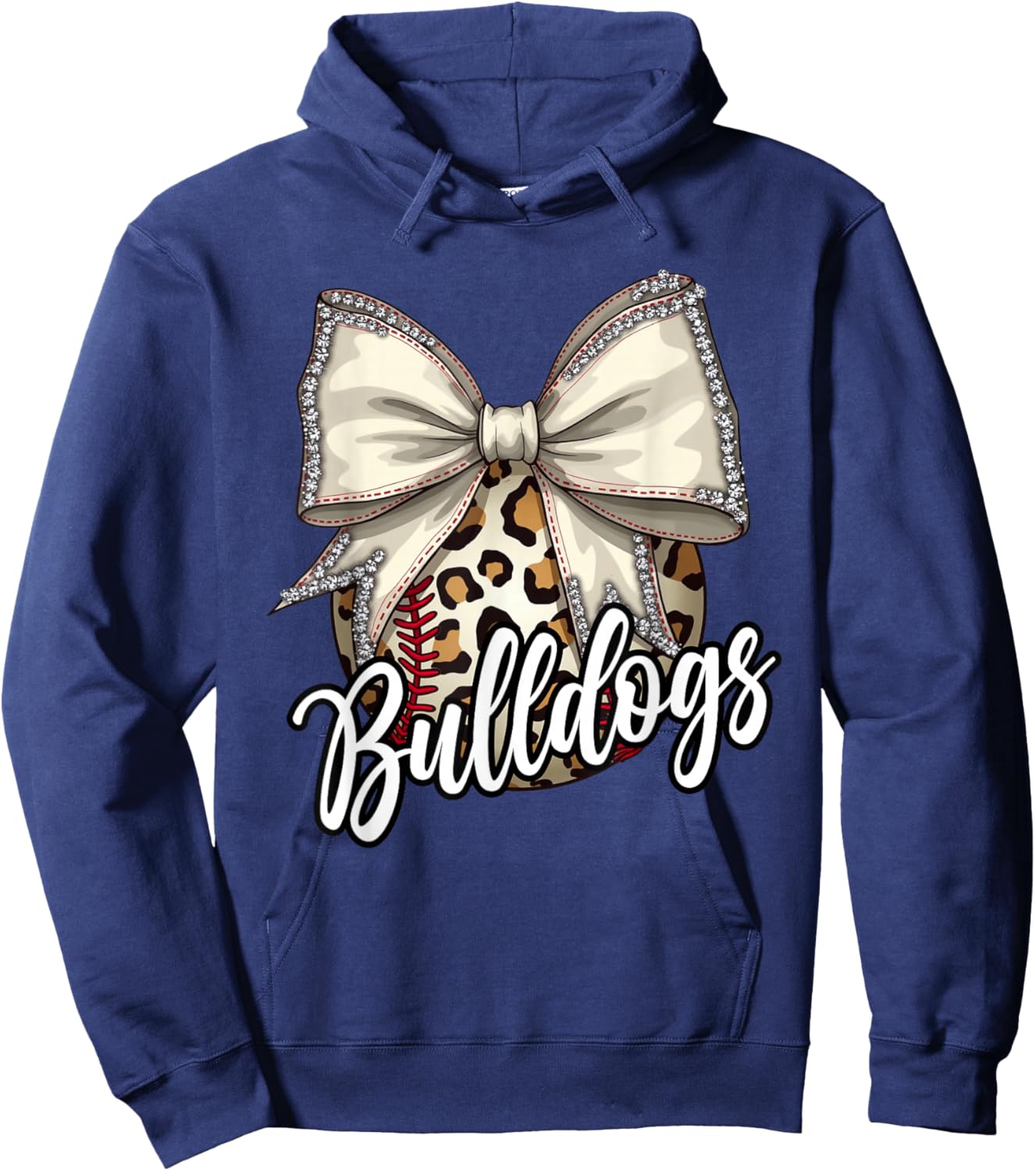 Bulldogs Baseball Mom Leopard Print Coquette Bow Mascot Hoodie - Hoodie | Navy