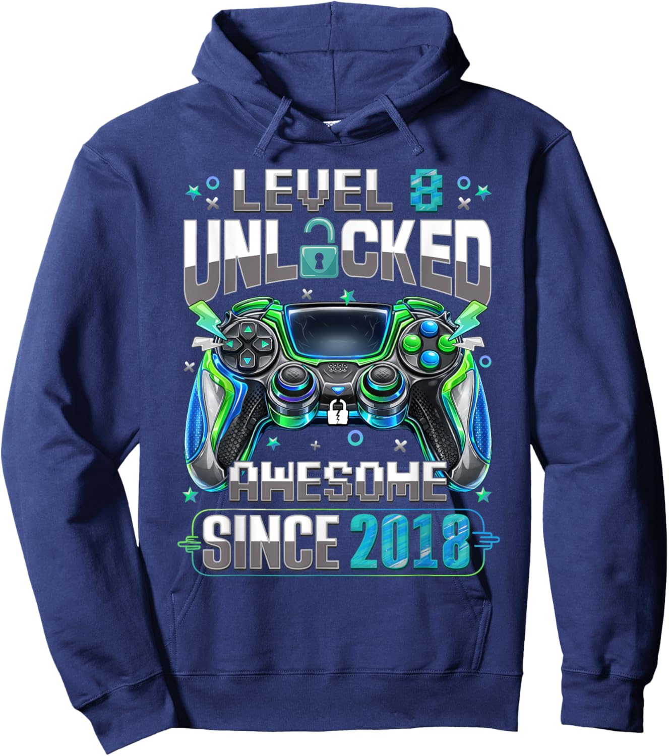 Level 8 Unlocked Awesome Since 2018 8th Birthday Gamer Boys Hoodie - Hoodie | Navy