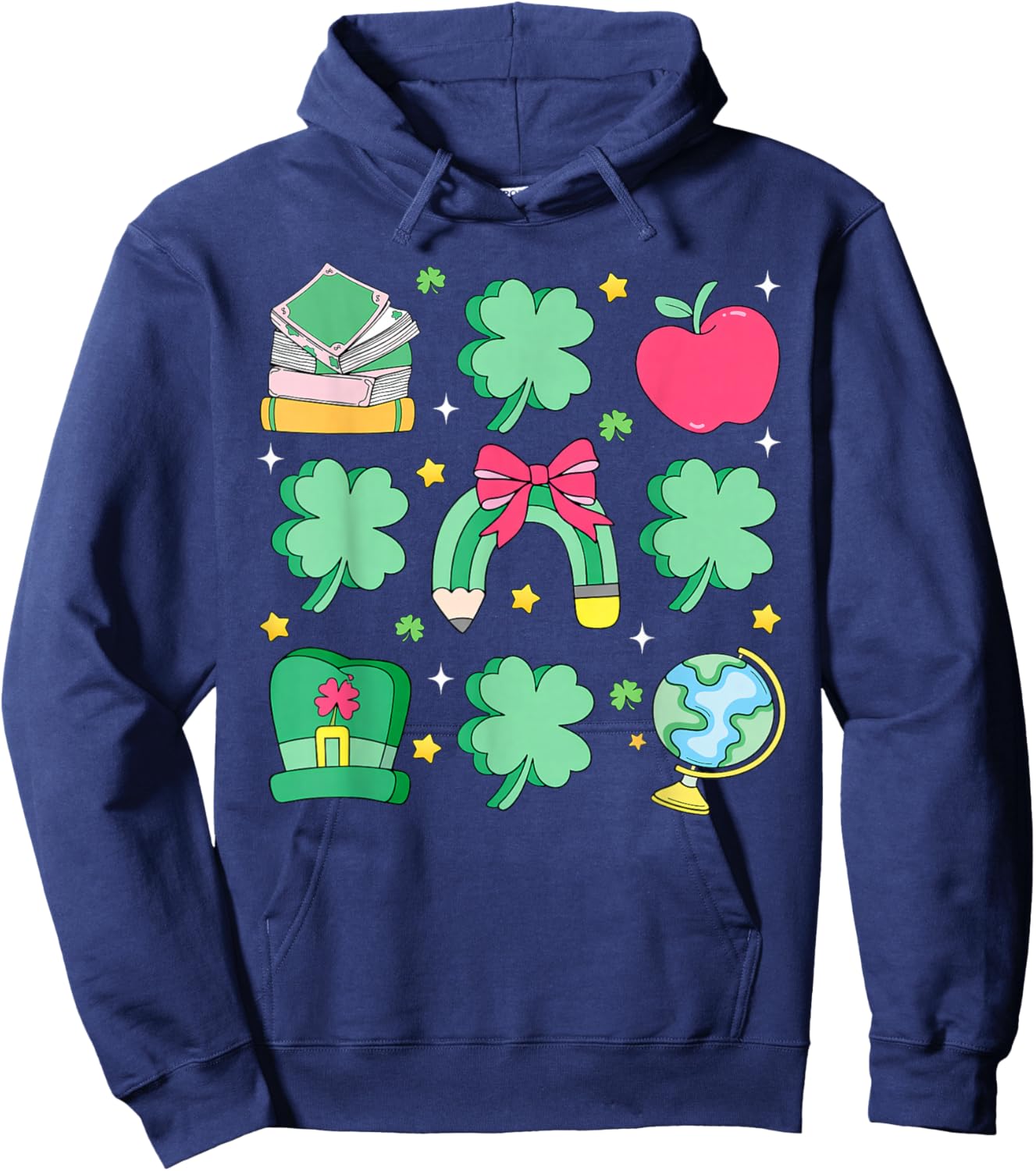 St Patrick's Day Lucky Teacher Shamrock Coquette Bow Pencil Hoodie - Hoodie | Navy