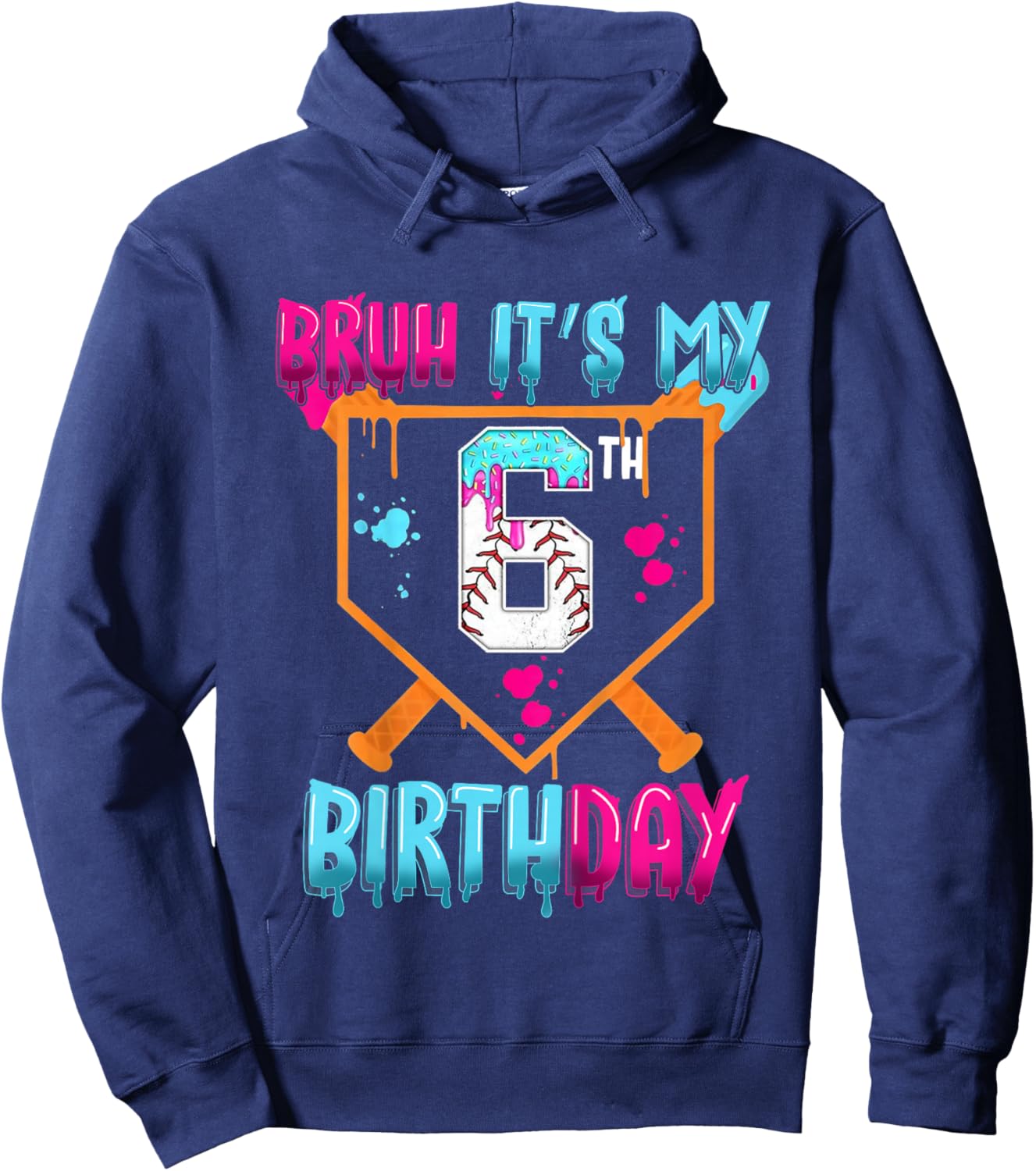 Kids Baseball Drip Bruh It's My 6th Birthday Boy Ice Cream Drip Hoodie - Hoodie | Navy