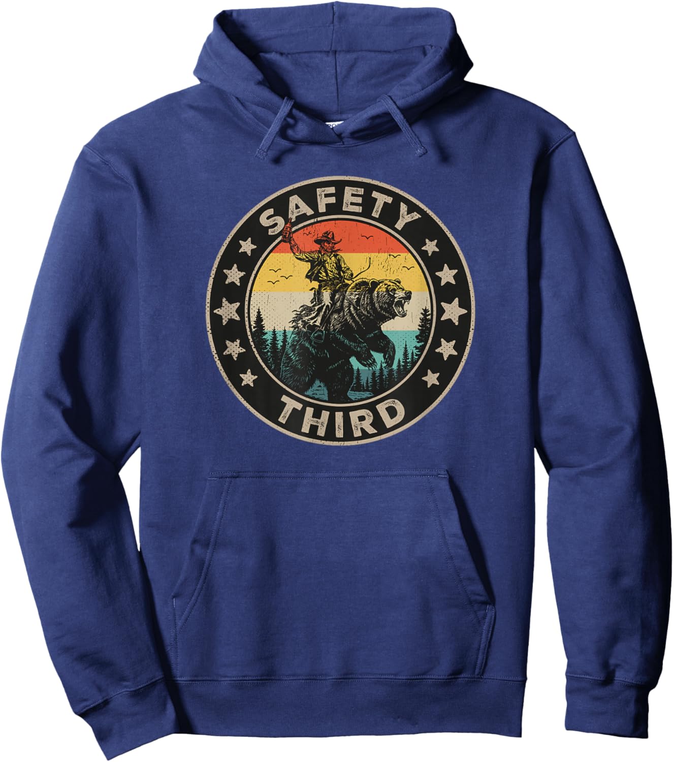 Safety Third Funny Cowboy Riding Bear Retro Sarcastic Safety Hoodie - Hoodie | Navy