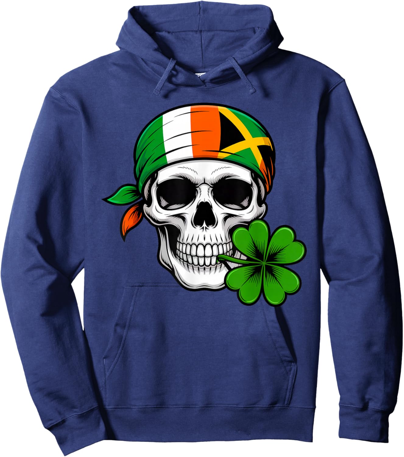 St Patrick's Day Irish Jamaican Skull Shamrock and Bandana Hoodie - Hoodie | Navy